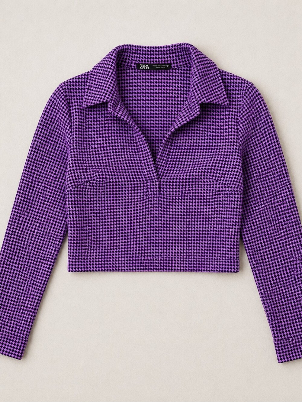 ZARA Purple Houndstooth Cropped Polo Top Size XS Long Sleeve Y2K Preppy